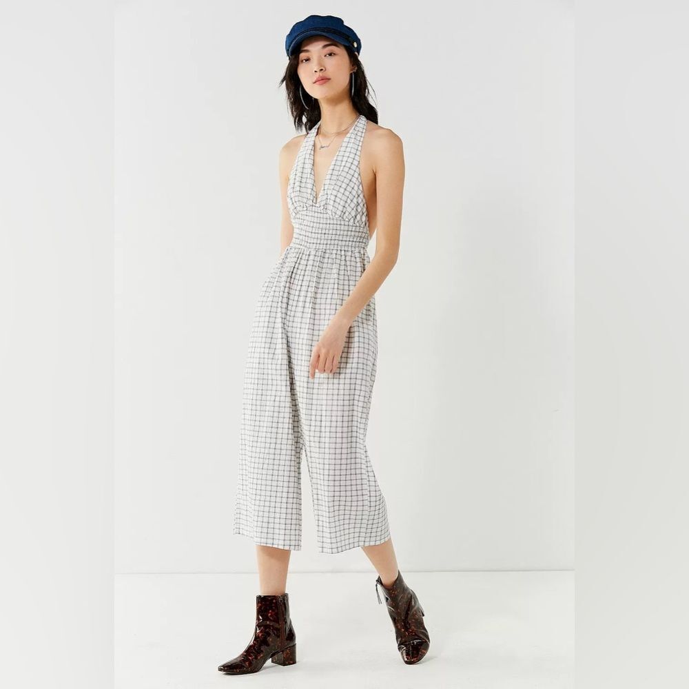 Urban Outfitters Plaid Halter Jumpsuit XS White Black Windowpane Wide Leg